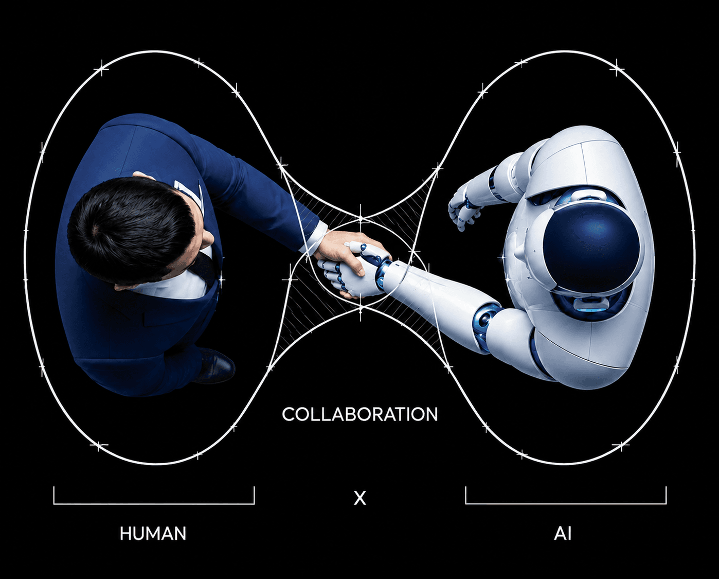 Human and AI shaking hands — collaboration between people and intelligent systems